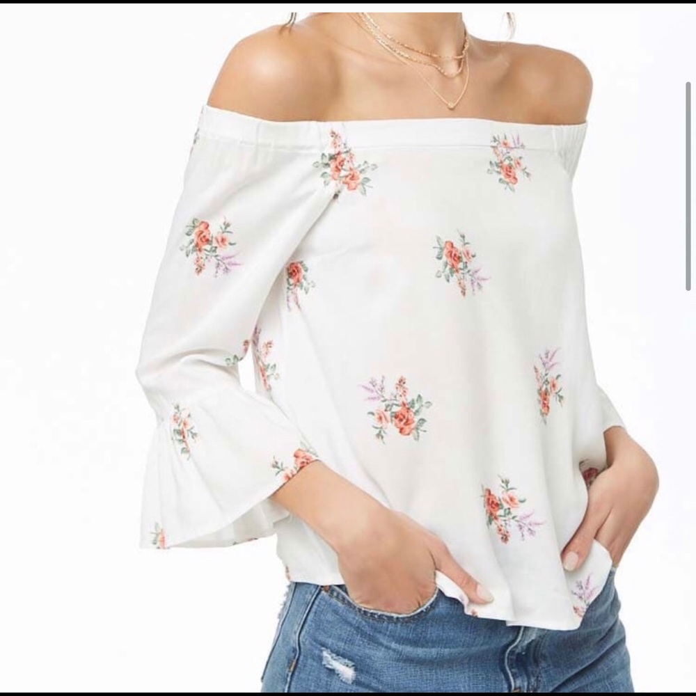 Forever 21 White Floral Print Off Shoulder Top